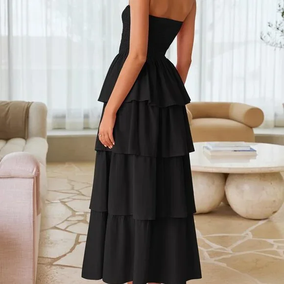 Women‘s Summer Boho Strapless Maxi Dress 2025 Casual Sleeveless Off Shoulder Smo